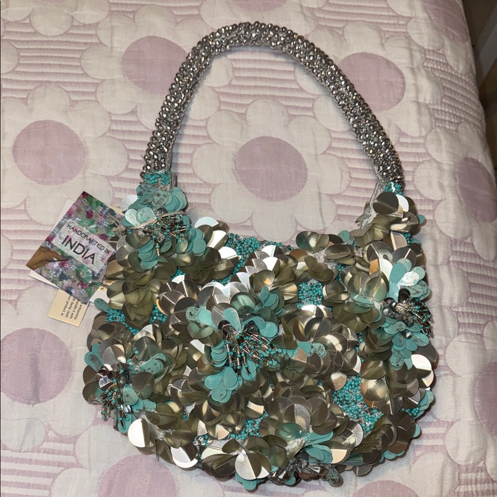 Silver and blue beaded purse